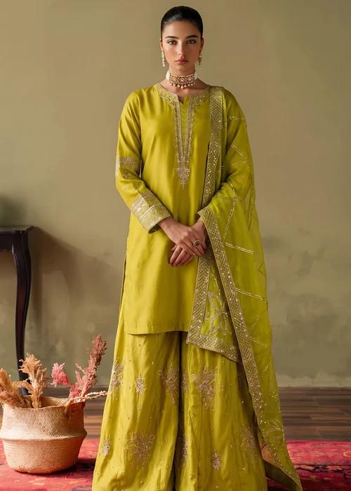 3 Piece Embellished Silk Palazzo Suit - Apple Green