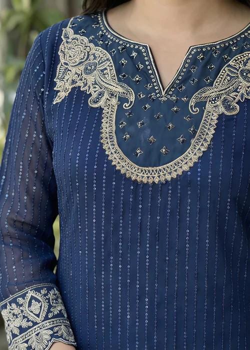 Embroidered Chiffon and Raw Silk Palazzo Long Kurta Suit - Cobalt Blue