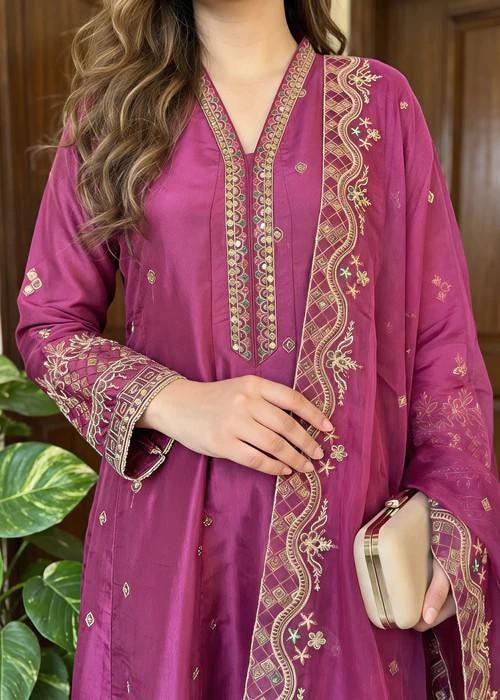 3 Piece Embroidered Silk Maxi Dress - Magenta