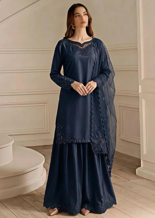 3 Piece Silk Sharara Suit - Dark Blue