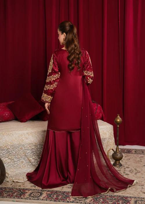 3 Piece Charmeuse Silk Embroidered Sharara Suit