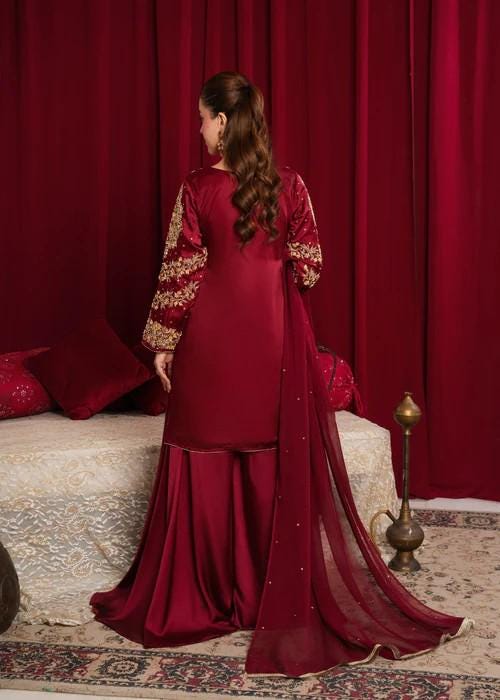 3 Piece Charmeuse Silk Embroidered Sharara Suit
