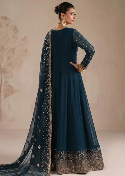 Embroidered Chiffon Maxi Suit - 3 Piece - Cobalt Blue