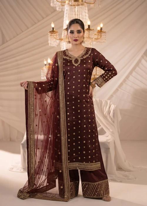 3 Piece Embroidered Chiffon Kurta Set With Raw Silk Trousers - Maroon