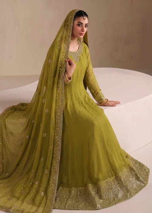 3 Piece Embroidered Chiffon Maxi Suit - Apple Green