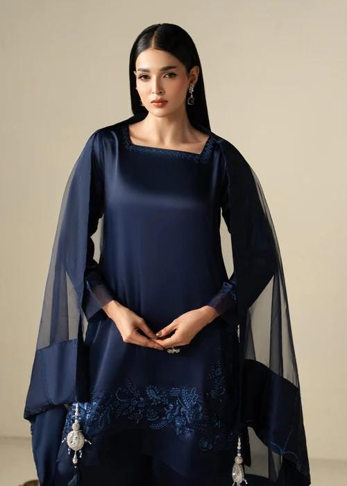 3 Piece Charmeuse Silk Embroidered Palazzo Suit - Navy Blue