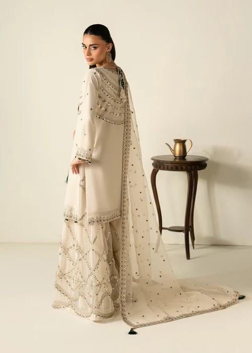 3 Piece Chiffon Embroidered Sharara Suit - Ivory