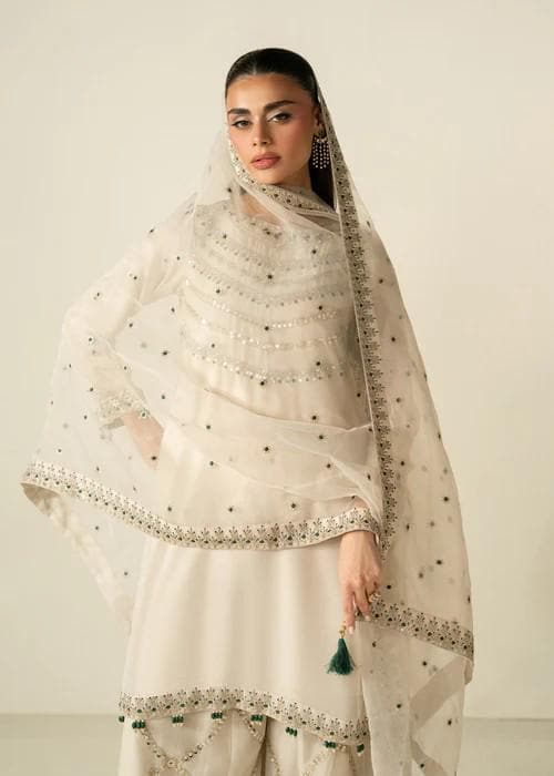 3 Piece Chiffon Embroidered Sharara Suit - Ivory