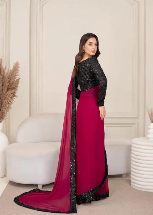 3 Piece Magenta Chiffon Saree with Black Sequin Border