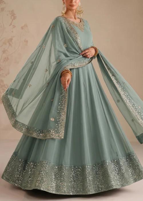 3 Piece Embroidered Chiffon Maxi Suit - Moss Green