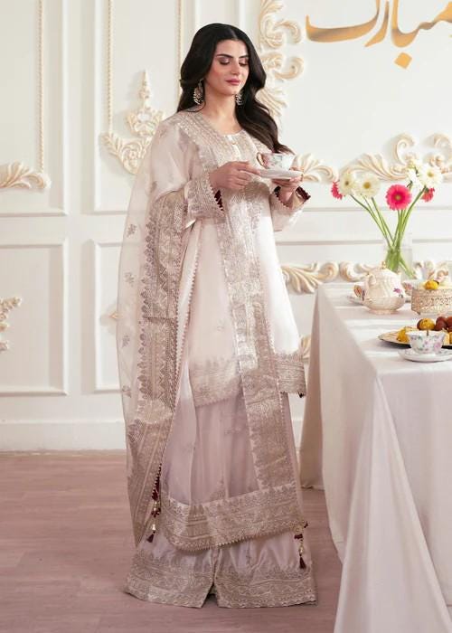 3 Piece Silk / Chiffon Embroidered Sharara Suit - Ivory