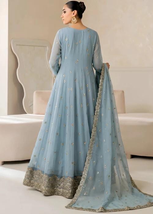 3 Piece Embroidered Chiffon Maxi Suit - Ice Blue