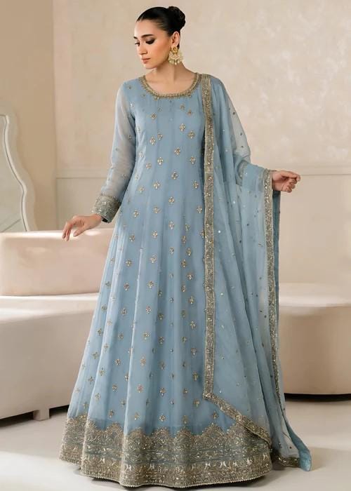 3 Piece Embroidered Chiffon Maxi Suit - Ice Blue