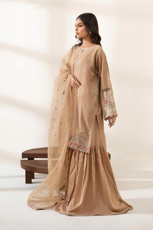 Maria.B - 3 Piece Embroidered Jamawar Gharara Suit (Size - XL) - Brown
