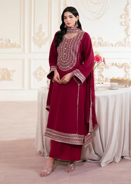 3 Piece Embroidered Silk Palazzo Suit - Ruby Red