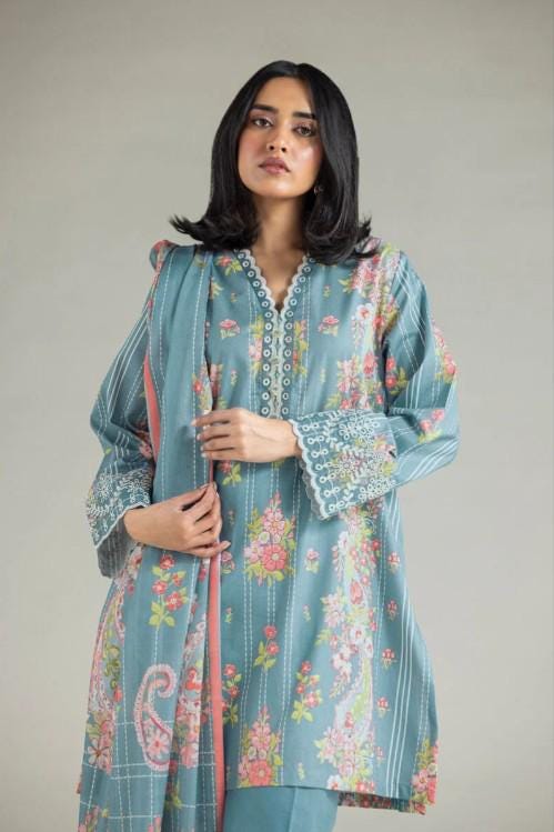 3 piece - Printed Summer Cotton Suit - Baby Blue