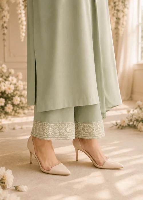 3 piece - Embroidered Lawn Long Kurta Suit with Chiffon Dupatta - Pista Green