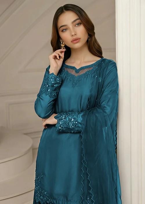 3 Piece Silk Sharara Suit - Teal