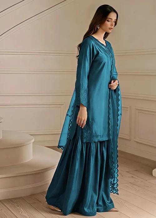 3 Piece Silk Sharara Suit - Teal