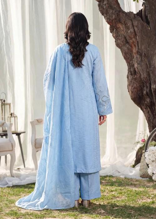 3 Piece Embroidered Lawn Kurta Palazzo Set - Sky Blue