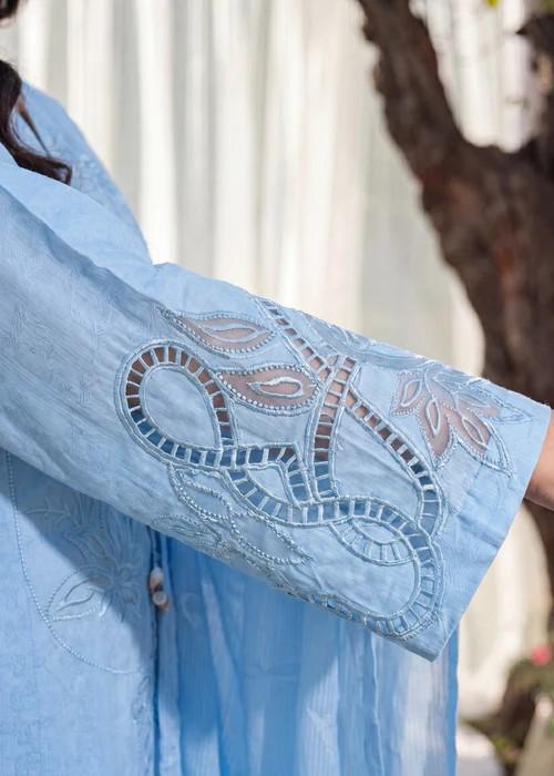3 Piece Embroidered Lawn Kurta Palazzo Set - Sky Blue