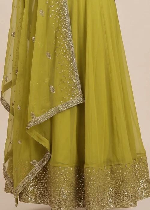 3 Piece Embroidered Chiffon Maxi Suit - Apple Green