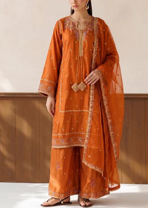 3 Piece Embroidered Silk Palazzo Suit - Rust Orange
