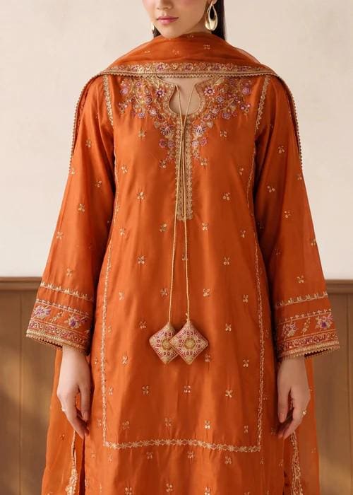 3 Piece Embroidered Silk Palazzo Suit - Rust Orange