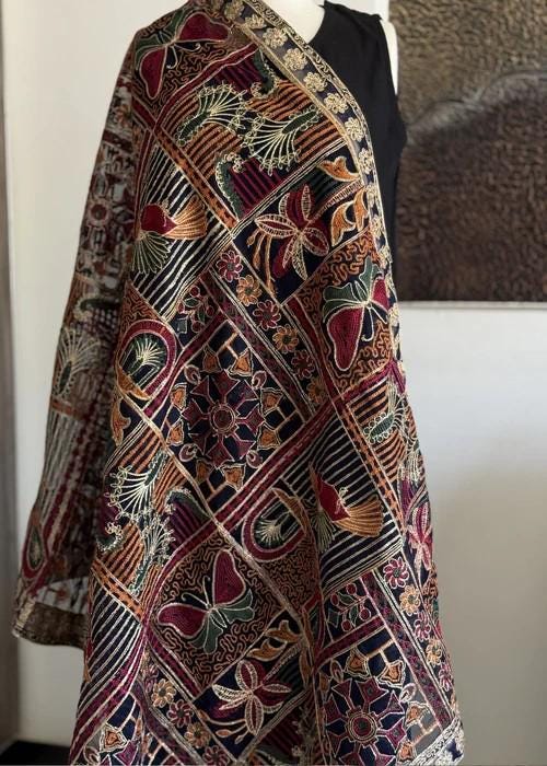 Heavily Embroidered Organza Tissue Silk Dupatta - Autumnal Panel