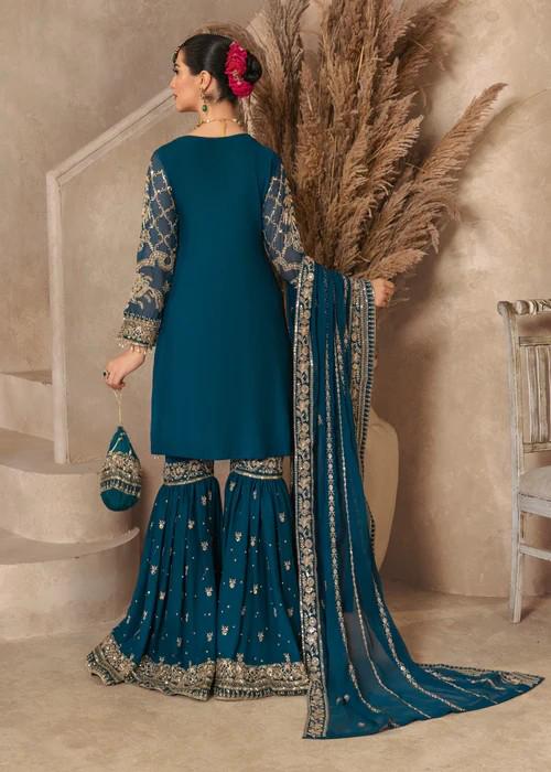 4 Piece Embroidered Chiffon Gharara w/ Potli Bag - Teal