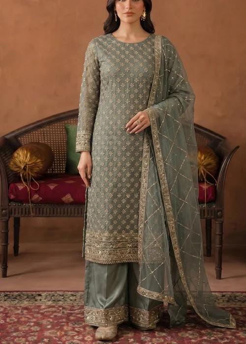 3 Piece Embroidered Chiffon Palazzo Suit - Silk Pants