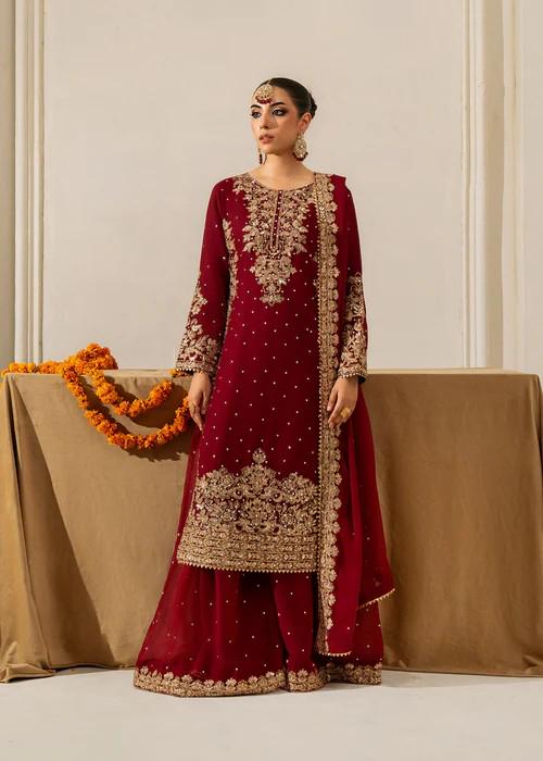 4 Piece Chiffon Embroidered Sharara Suit with Potli Bag