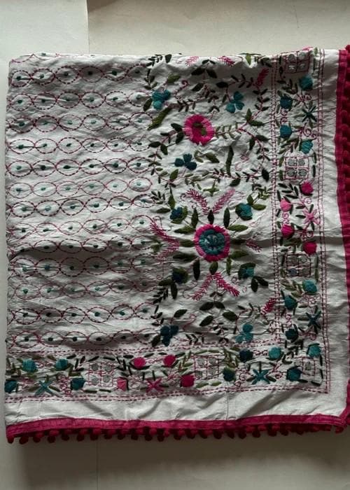 Hand Embroidered with Traditional Needle Work Dupatta - Ivory Blossom Heritage