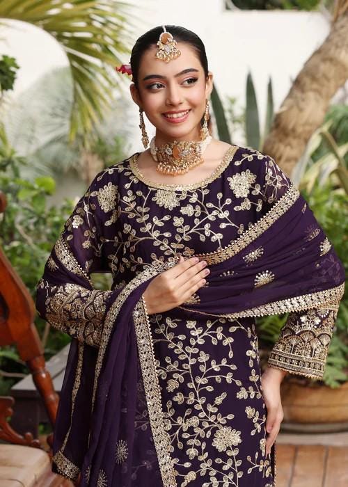 3 Piece Embroidered Chiffon Gharara Suit - Purple