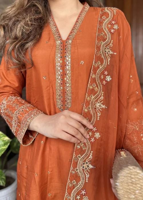 3 Piece Embroidered Silk Maxi Dress - Rust Orange