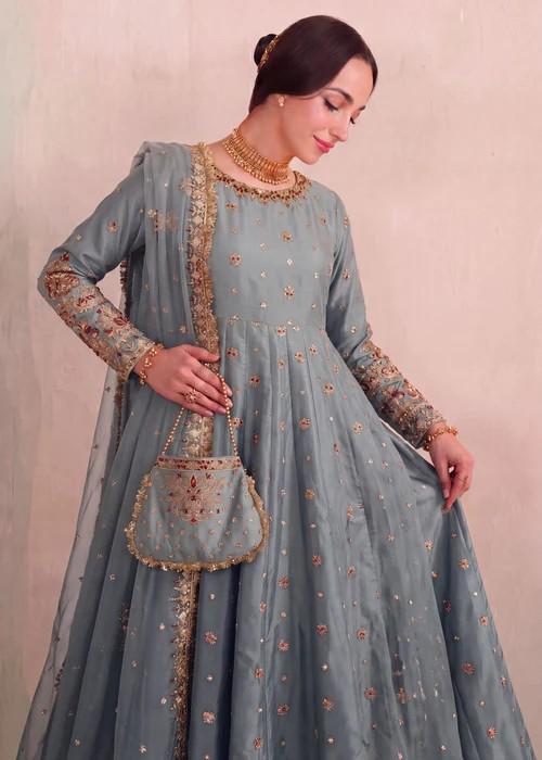 4 Piece Embroidered Silk Palazzo Pishwas w/ Potli Bag - Ice Blue