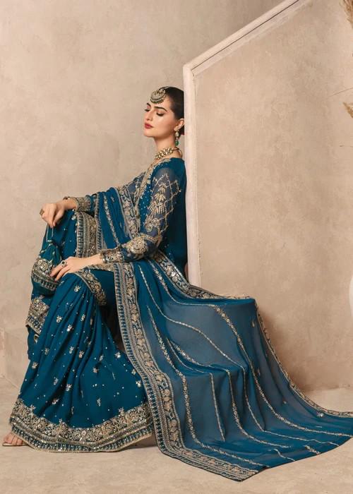 4 Piece Embroidered Chiffon Gharara w/ Potli Bag - Teal