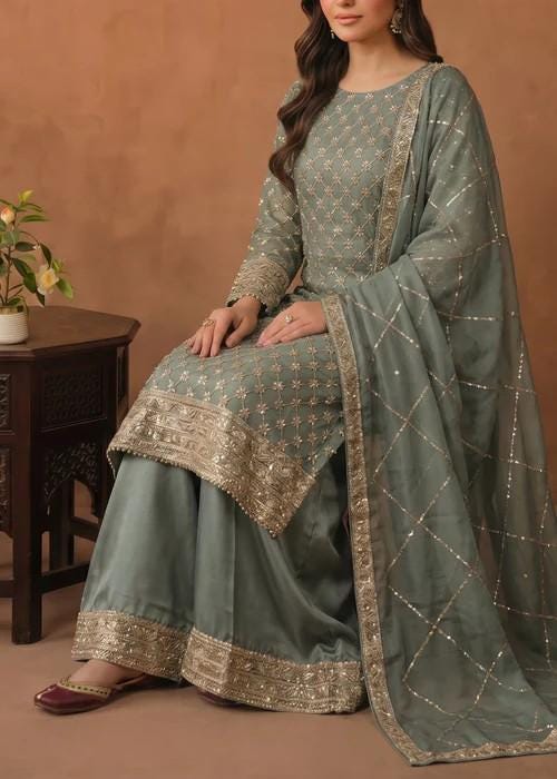3 Piece Embroidered Chiffon Palazzo Suit - Silk Pants