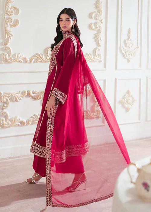 3 Piece Embroidered Silk Palazzo Suit - Ruby Red