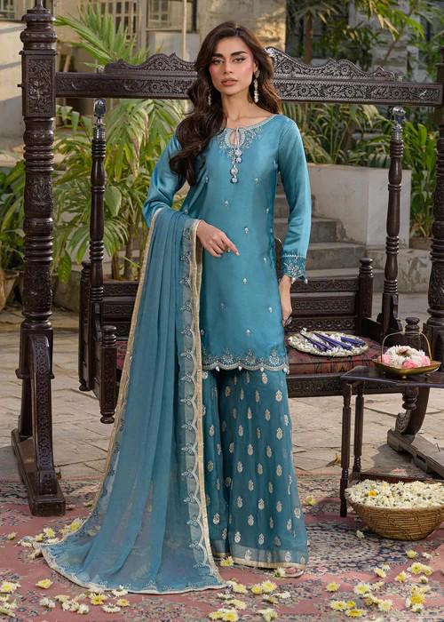 3 Piece Charmeuse Silk Embroidered Palazzo Suit - Soft Powder Teal Blue