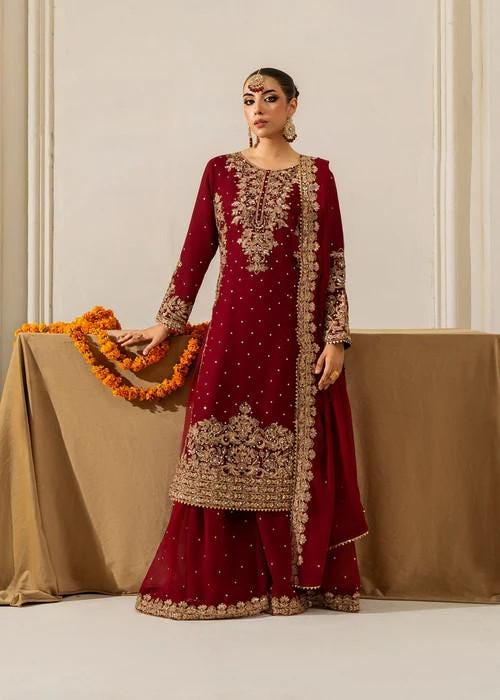 4 Piece Chiffon Embroidered Sharara Suit with Potli Bag