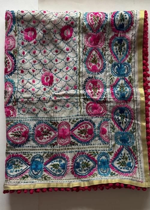 Hand Embroidered with Traditional Needle Work Dupatta - Azure Petal Heritage Wrap