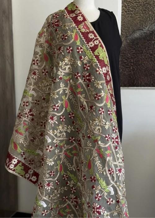 Heavily Embroidered Organza Tissue Silk Dupatta - Heritage Crimson Organza