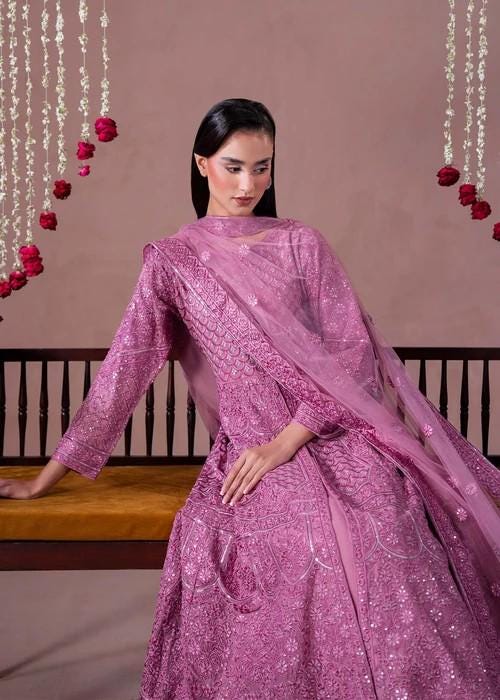 Mauve Pink Chiffon Maxi Dress - 3 Piece Designer Wear