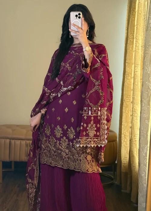 3 Piece Embroidered Chiffon Palazzo Suit - Purple