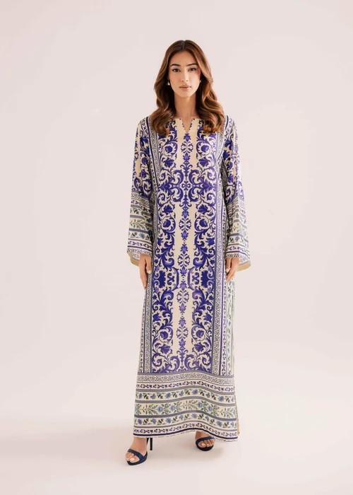 Printed Full Sleeves Silk Kaftan - White & Navy Blue
