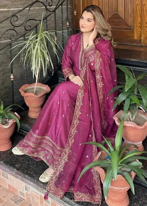 3 Piece Embroidered Silk Maxi Dress - Magenta