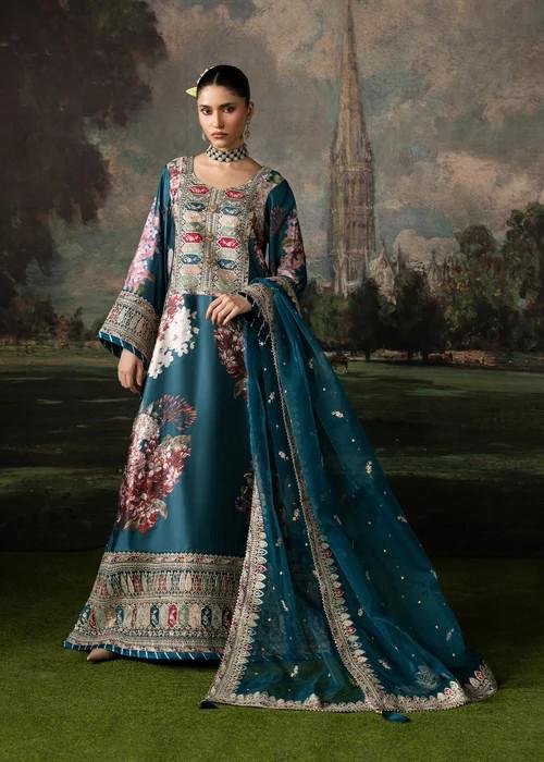 Charmeuse Silk / Shamooz Silk Kaftan with Palazzo Pants and Dupatta - Teal