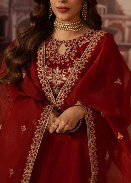 Embroidered Pure Raw Silk Suit - 3 Piece - Blood Red