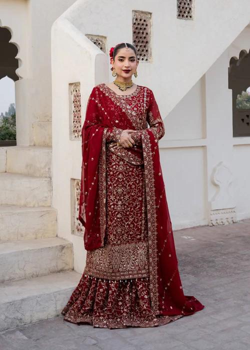 3 Piece Embroidered Chiffon and Jamawar Lehenga Suit